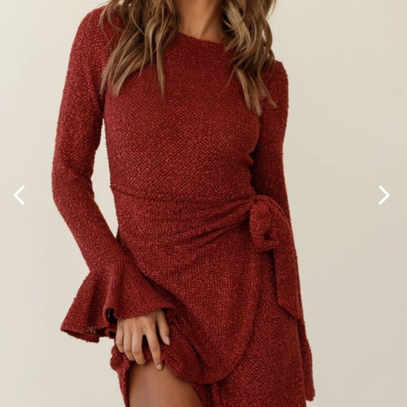 MINERVA FLARED CUFF KNIT WRAP DRESS MAROON - Picture 9 of 11